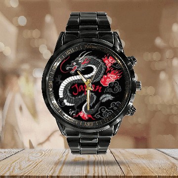 Discover Majestic Japanese Dragon Tattoo Style Art design Calendar Steel Band Watch