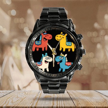 Discover Cute Cartoon Dala Horses Set Calendar Steel Band Watch