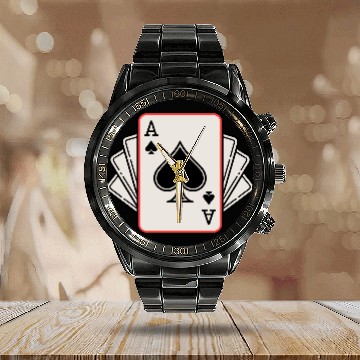Discover Ace of Spades Playing Cards Hand Calendar Steel Band Watch