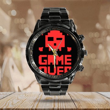 Discover Retro Pixel Game Over Skull Red Gamer Graphic Calendar Steel Band Watch