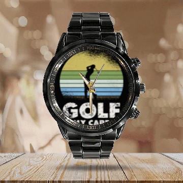 Discover Golf Is My Cardio Vintage Sunset Silhouette Calendar Steel Band Watch
