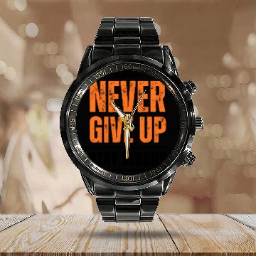 Discover Black and Orange Typography Never Give Up Stay Calendar Steel Band Watch