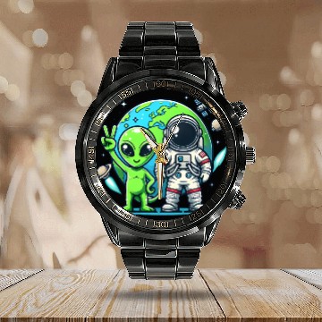 Discover Alien Astronauts In Space Calendar Steel Band Watch