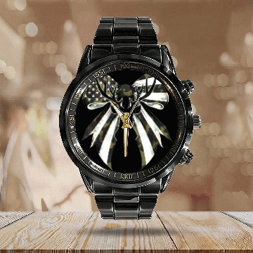 Discover Coquette Bow Deer Hunting Camouflage US Flag Pride Calendar Steel Band Watch