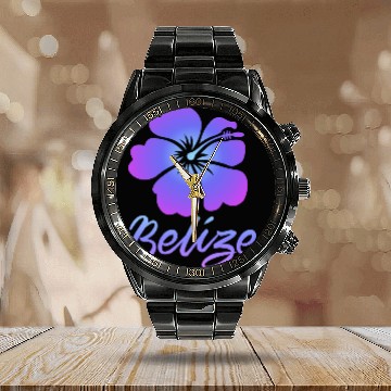 Discover Belize Hibiscus Calendar Steel Band Watch
