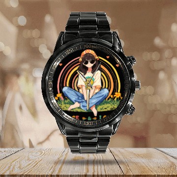 Discover Retro Peace & Love Hippie Girl Calendar Steel Band Watch – Vintage