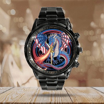 Discover Patriotic American Flag Dragon Breathing Fire Calendar Steel Band Watch