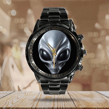 Discover Real Grey Alien Extraterrestrial Face Calendar Steel Band Watch