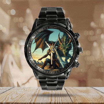 Discover Warrior Woman & Dragon Calendar Steel Band Watch