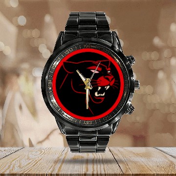 Discover Fierce Black Panther Logo - Bold Red Circular Calendar Steel Band Watch