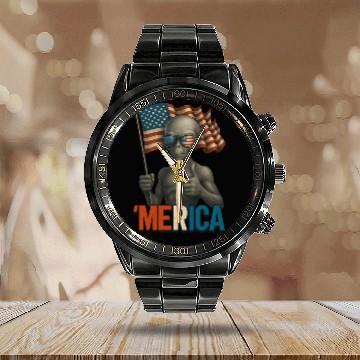 Discover Thumbs Up Merica Alien 4th of July Funny Calendar Steel Band Watch