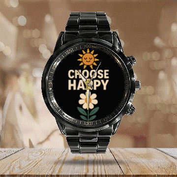 Discover Choose Happy Retro Positivity Sun and Flower Calendar Steel Band Watch