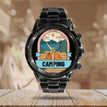 Discover Eat Sleep CAMPING Repeat – Retro Calendar Steel Band Watch