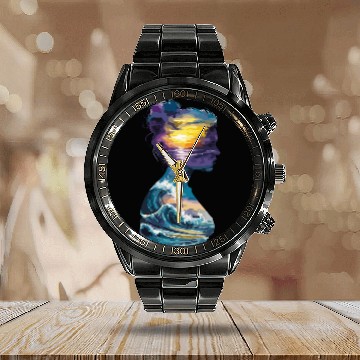 Discover Sunset and Ocean Waves Silhouette Art for Nature Calendar Steel Band Watch