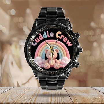 Discover Soft teddy bear sitting under a rainbow Calendar Steel Band Watch