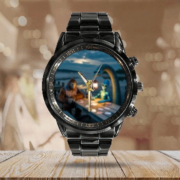 Discover Cryptid Poker Night on Loch Ness - Bigfoot, Calendar Steel Band Watch