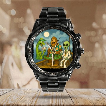 Discover Bigfoot, Nessie and an Alien Play Poker - Cryptid Calendar Steel Band Watch