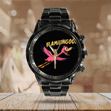 Discover FLAMIIINGOOO – Funny Cartoon Flamingo in Flight De Calendar Steel Band Watch