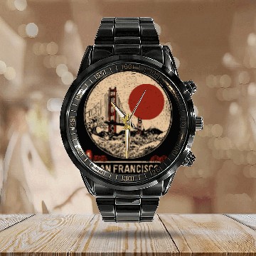 Discover San Francisco - Woodblock Print Calendar Steel Band Watch