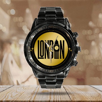 Discover Black & Gold London Skyline Retro City Pride Calendar Steel Band Watch