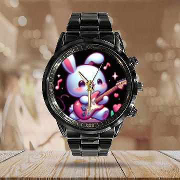 Discover Rabbit play eletric guitar Calendar Steel Band Watch
