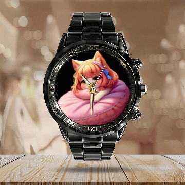 Discover Neko Snoozing Under Sakura Calendar Steel Band Watch