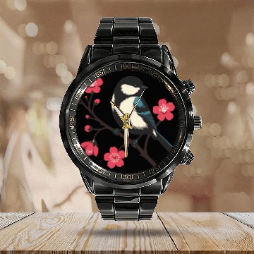 Discover Cherry Blossom Bird - Spring Serenity Art Calendar Steel Band Watch