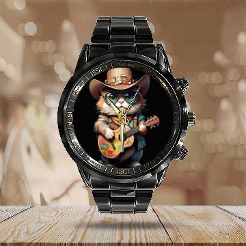 Discover Festival Cat with Patterned Guitar Calendar Steel Band Watch