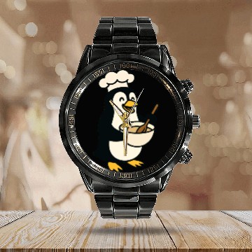 Discover Adorable Cooking Penguin Chef Calendar Steel Band Watch