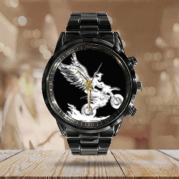 Discover Winged Dirt Bike Rider Soaring Adventure Calendar Steel Band Watch