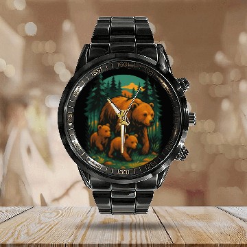 Discover Mama Bear and Cubs Forest Calendar Steel Band Watch – Bold Wildlife