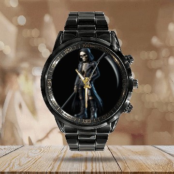 Discover Dark Skeleton Warrior with Scythe and Hooded Jacke Calendar Steel Band Watch