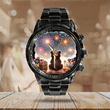 Discover Fireworks Picnic Bear – Night Sky Celebration View Calendar Steel Band Watch