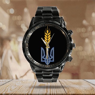 Discover Ukraine Trident Wheat Symbol Ukrainian Heritage Calendar Steel Band Watch