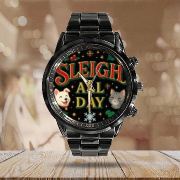 Discover Sleigh All Day – Cute Holiday Pet Edition Calendar Steel Band Watch