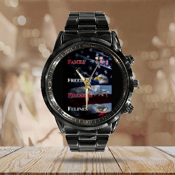 Discover Family, Freedom, Firearms and Felines Calendar Steel Band Watch