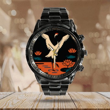 Discover Serene Crane & Lotus Design Calendar Steel Band Watch