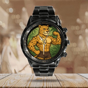 Discover Muscular Jungle Leopard Calendar Steel Band Watch