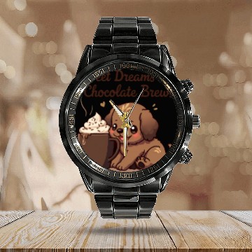 Discover Sweet Dreams & Chocolate Brews - Puppy & Cream Calendar Steel Band Watch