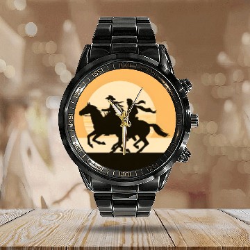 Discover Wild West Cowboy Sunset Ride Calendar Steel Band Watch