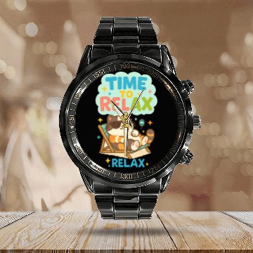 Discover Time to Relax – Cute Cat Chilling in a Beach Chair Calendar Steel Band Watch