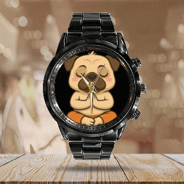 Discover Cute pug yoga meditation relaxation cartoon Calendar Steel Band Watch