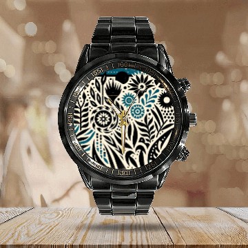 Discover Teal & Black Floral Pattern Calendar Steel Band Watch