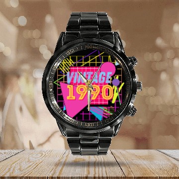 Discover 1990 Birthday Gift Retro Neon 90s Style Calendar Steel Band Watch