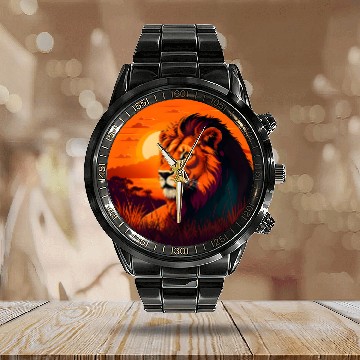 Discover Sunrise Sleeping Lion in Grass Design. Calendar Steel Band Watch