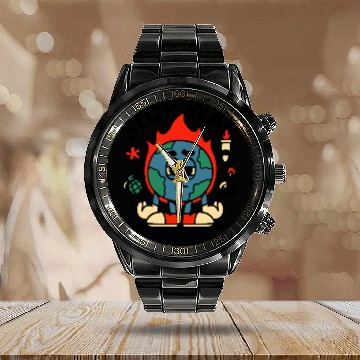 Discover Stop War – Sad Earth Anti-War Cartoon Calendar Steel Band Watch