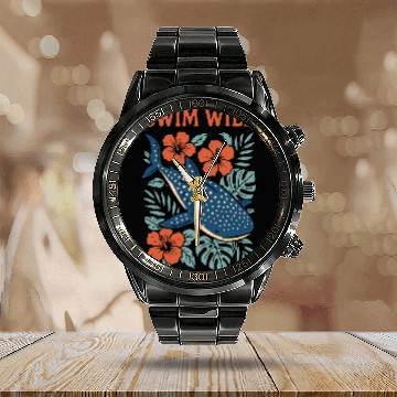 Discover Swim Wild | Tropical Whale Shark Design Calendar Steel Band Watch