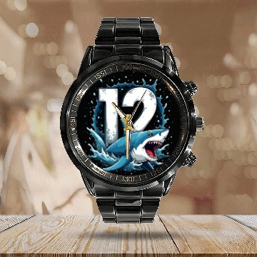 Discover Shark Children Birthday Number 12 Splashing Fun Calendar Steel Band Watch