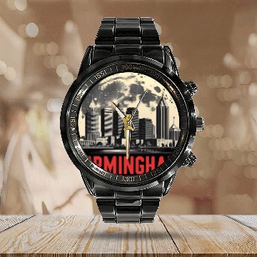 Discover Birmingham City Albm Skyline Full Moon Calendar Steel Band Watch