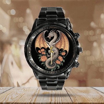 Discover Majestic Dragon with Roses Fantasy Design Calendar Steel Band Watch